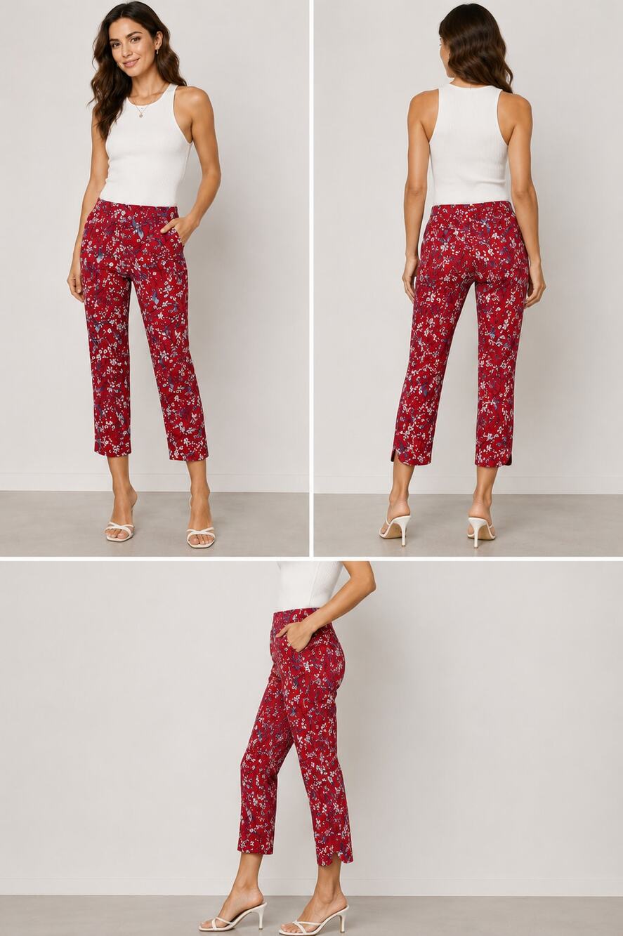 UP! Red Floral Crop Pants Pull On Slim Leg Size 4 Resort Gold, Career Everyday